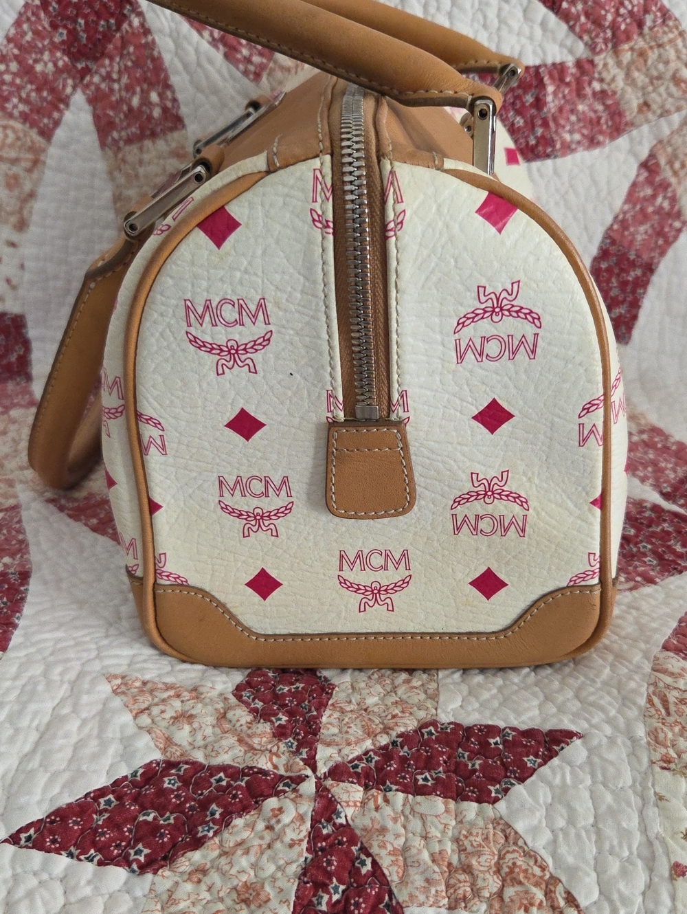 MCM Cream Canvas Satchel with Pink Logo and Tan Leather Trim - Picture 6 of 7